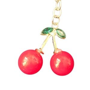 Cute Cherry Keychain Gold Tone Bag Charm‎ Purse Accessory Novelty Fruit Decor